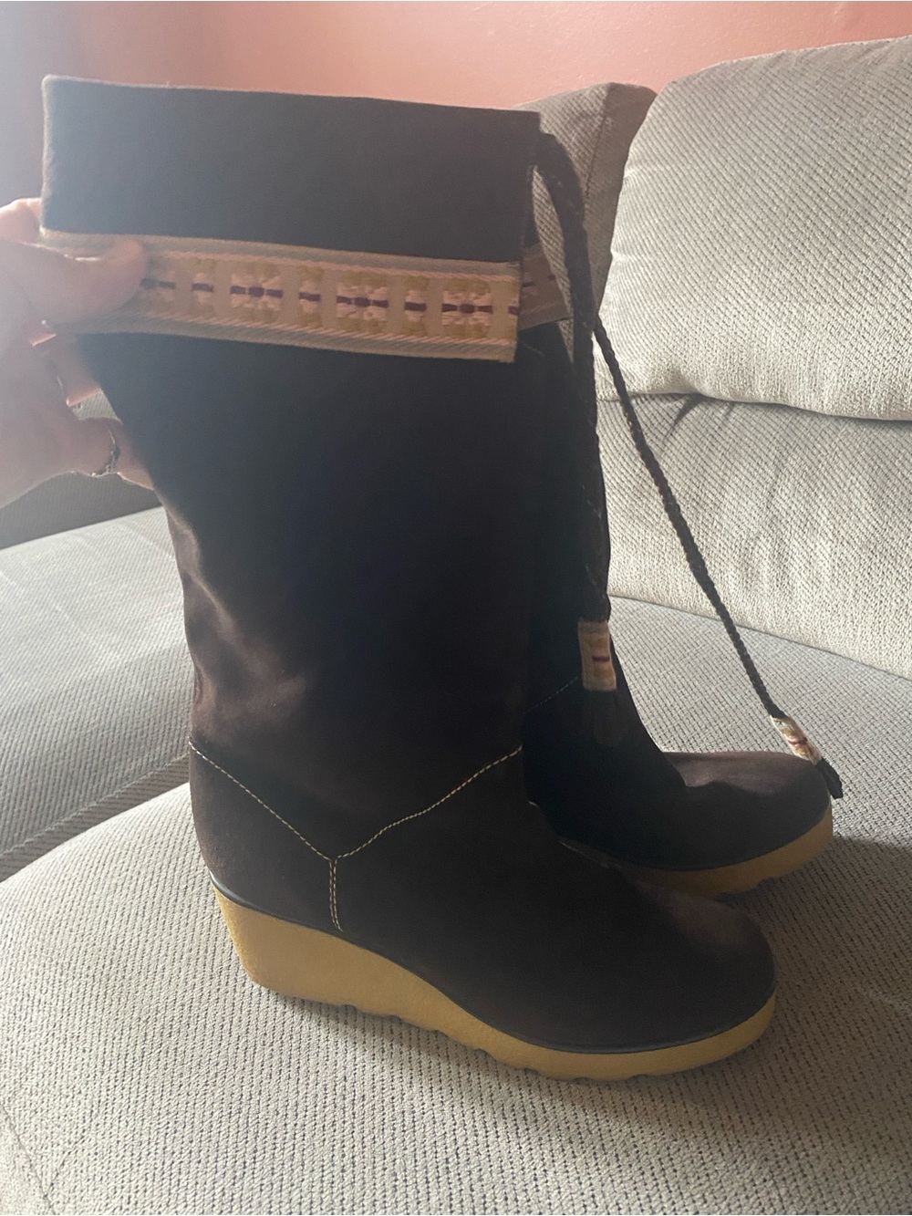 Women’s Brown Suede Wedge Boots with Tan Sole